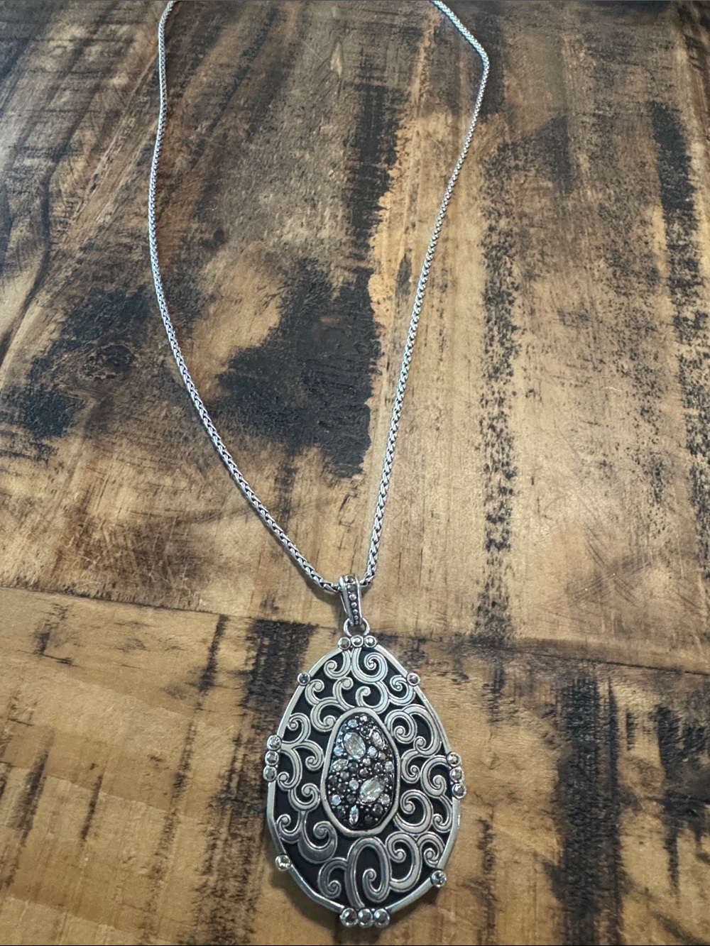 Brighton Silver-Tone Filigree Pendant Necklace with Clear Crystals